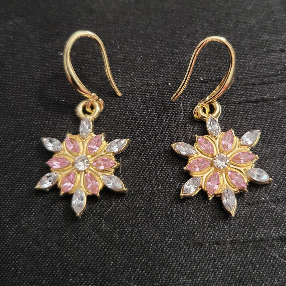 Pink & gold tone crystal snowflake shaped Christmas earrings